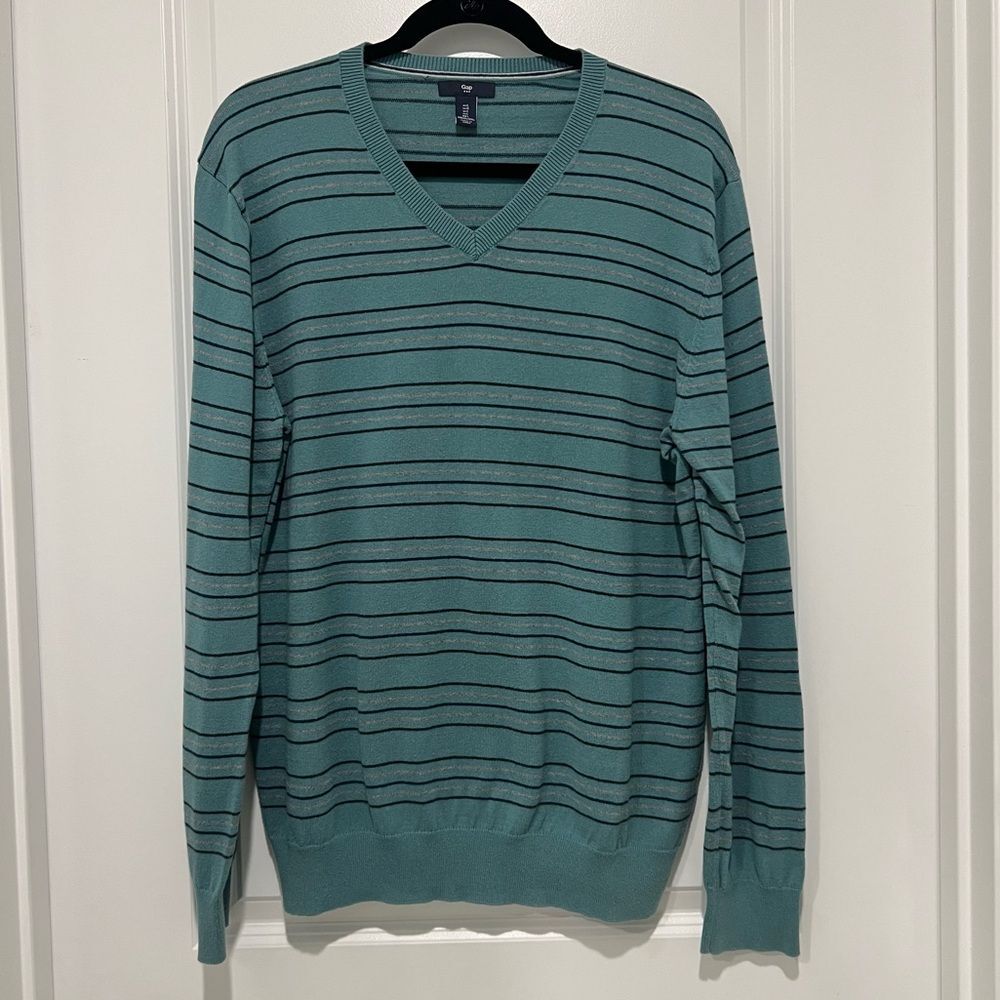 Gap Men's V-Neck Striped Sweater 100% Cotton Slate Stone Sz. Large